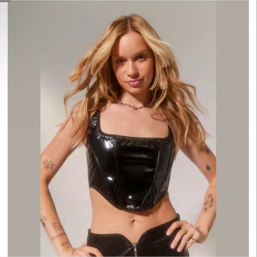 Womens Black Patent Leather Look Corset Crop Top Size M Goth Grunge Y2K